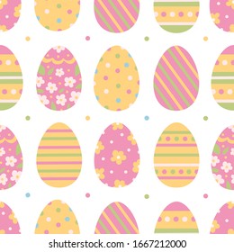 Vector Easter seamless pattern with bright Easter eggs. Flat style, pastel colours, floral and line design. Especially for postcards and wrapping paper.