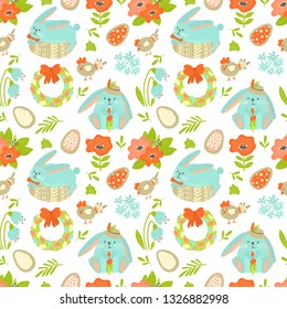 Vector Easter seamless pattern with bunnies, wreath,flowers and eggs. Perfect for wallpaper, gift paper, web page background, spring greeting cards