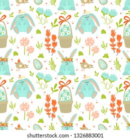 Vector Easter seamless pattern with bunnies, wreath,flowers and eggs. Perfect for wallpaper, gift paper, web page background, spring greeting cards
