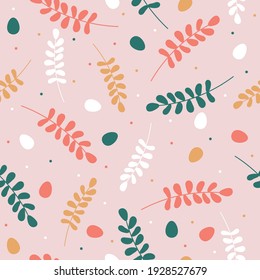 Vector Easter seamless pattern with bunnies, flowers, easter eggs, beautiful background, great for Easter Cards, banner, textiles.