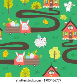 Vector Easter seamless pattern with bunny driving the car with eggs and carrots to country house. Garden repeating background scene with cute animals. Spring gardening digital paper
