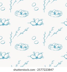 Vector Easter seamless pattern with chicken nest, willow branches and Easter eggs in field. Hand drawn festive repeating background.  Decor for Paschal holidays, spring Christian motif, design rapport