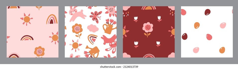 Vector Easter seamless pattern collection, boho style. Holidays background. Bunny, eggs, rainbow, flowers. sun