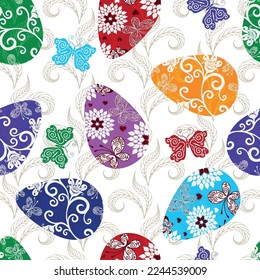 Vector Easter seamless pattern with colorful eggs and vintage pattern and butterflies on a  transparent background