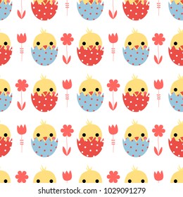 Vector Easter seamless pattern with cute chickens in eggs in blue, red and yellow on white background