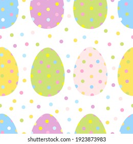 Vector Easter seamless pattern with cute eggs. Flat style, polka dots, pastel colors and linear design. Especially for postcards and wrapping paper.