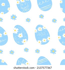 Vector Easter seamless pattern with cute eggs, flowers and hares. Flat style, pastel colors and linear design. Especially for postcards and wrapping paper.