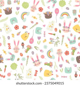 vector easter seamless pattern cute clipart: easter bunny, easter eggs, flower, plant, rainbow, balloon, deer, cat, cartoon easter repeating background tile spring clip art fabric child wrapping paper