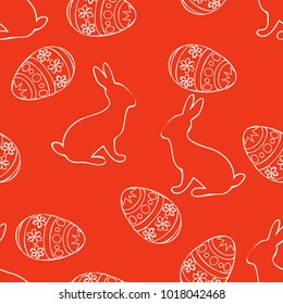 vector of Easter seamless pattern with eggs and bunny.White outline on red background