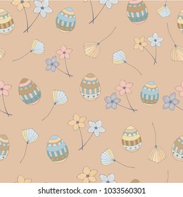 
Vector easter seamless pattern with eggs and flowers, hand drawn illustration, doodle style
