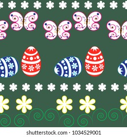 vector of Easter seamless pattern with easter eggs,flowers and butterfly on deep green background

