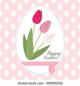 Vector Easter seamless pattern with eggs,spring flowers pink tulips, ribbon, bow, openwork border, text "Happy Easter"