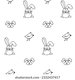 Vector Easter seamless pattern. Great spring Holiday background. Doodle outline illustration. Cute hand drawn elements