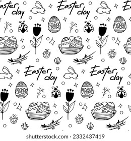 Vector Easter seamless pattern. Great spring Holiday background. Doodle outline illustration. Cute hand drawn elements