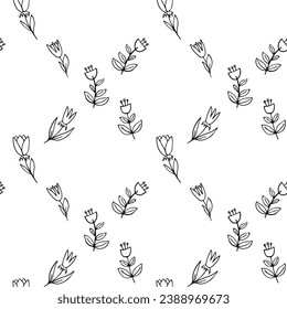 Vector Easter seamless pattern. Great spring Holiday background. Doodle outline illustration. Cute hand drawn bunny, eggs, plants and blossom picture