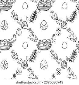 Vector Easter seamless pattern. Great spring Holiday background. Doodle outline illustration. Cute hand drawn bunny, eggs, plants and blossom picture