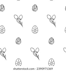 Vector Easter seamless pattern. Great spring Holiday background. Doodle outline illustration. Cute hand drawn bunny, eggs, plants and blossom picture