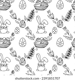 Vector Easter seamless pattern. Great spring Holiday background. Doodle outline illustration. Cute hand drawn bunny, eggs, plants and blossom picture