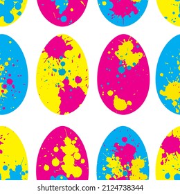 Vector easter seamless pattern: multicolor eggs on white. Holiday design with creative pink, yellow, blue splashes and drops. For textile, wrapping paper, package .