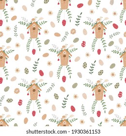 Vector Easter seamless pattern on white. Birdhouses decorated with spring flowers, sprig, colorful eggs and tree branches with leaves. Great for fabrics, wrapping papers, covers.