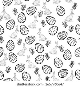 Vector of Easter seamless pattern with painting eggs, rabbits and flowers.Black and white