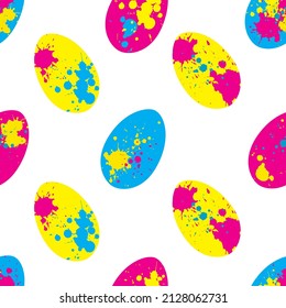 Vector easter seamless pattern: pink, blue, yellow eggs decorated with multicolor splashes. Joyful design for religious holiday textile, wrapping paper.