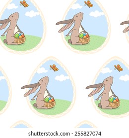 vector easter seamless pattern with rabbit, basket, eggs