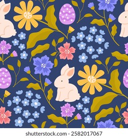 Vector Easter seamless pattern. Repeated holiday background with bunny, easter egg and flowers