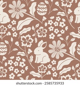 Vector Easter seamless pattern. Repeated holiday background with bunny, easter egg and flowers