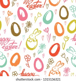 Vector easter seamless pattern  with simple hand drawn pretty rabbits ? flowers and eggs. Text "Happy easter!" Multicolor happy spring design for holiday.