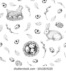 Vector Easter seamless pattern. Vintage black and white background with engraving elements: eggs, willow, bunny, chicken, nest and feathers. Hand drawn sketch for textile, surface, gift paper, pack.