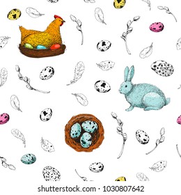 Vector Easter seamless pattern. Vintage colorful background with engraving elements: eggs, willow, bunny, chicken, nest and feathers. Hand drawn sketch for textile, surface, gift paper, pack.