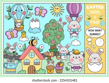 Vector Easter searching game with country house and kawaii characters. Spot hidden rabbits in the picture. Simple spring holiday seek and find page or egg hunt printable activity with bunny
