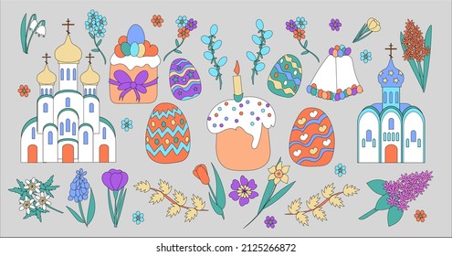 Vector Easter set: Christian church, spring flowers, Paska, Kulich,  colorful eggs isolated in the background.   beautiful Orthodox  Easter holiday card in the style of doodles. 