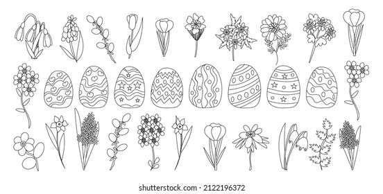 La Pascua del Vector con huevos de colores y flores de primavera en un estilo de doodle lineal. Página de coloreado anti estrés de vacaciones para niños y adultos.