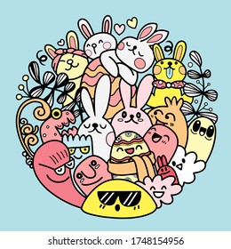 Vector Easter set with cute bunnies, flowers and eggs. Design in circle ,elements and signs in cartoon style. Vector illustration.