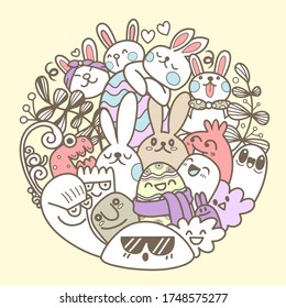 Vector Easter set with cute bunnies, flowers and eggs. Design in circle ,elements and signs in cartoon style. Vector illustration.