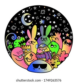 Vector Easter set with cute bunnies, flowers and eggs. Design in circle ,elements and signs in cartoon style. Vector illustration.
