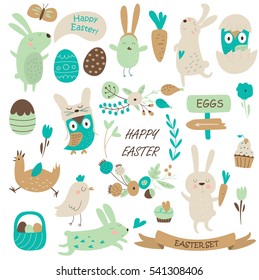 Vector Easter set with cute bunnies, chickens, owls and eggs in cartoon style