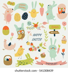 Vector Easter set with cute bunnies, chickens, owls and eggs in cartoon style