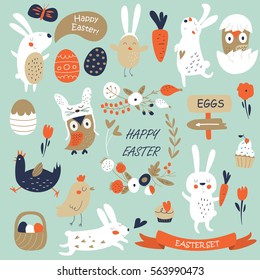 Vector Easter set with cute bunnies, chickens, owls and eggs in cartoon style