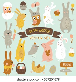 Vector Easter set with cute bunnies, chickens, owls and eggs in cartoon style