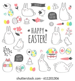 Vector Easter set with cute bunnies, chickens, flowers and eggs. Design elements and signs in cartoon style. Vector illustration. 