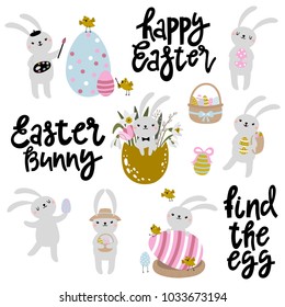 Vector Easter set with cute bunny, eggs, flowers.