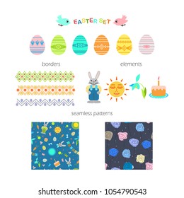 Vector Easter set.  Eggs, borders, design elements and seamless patterns for creating your own holiday concept. Holiday theme.