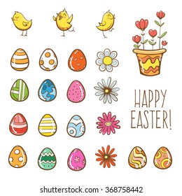 Vector Easter set. Eggs, chickens and flowers.