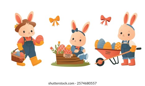 Vector Easter Set, Hare with a basket, hare with a wheelbarrow with eggs, hare sitting on a box with eggs, for Easter cards