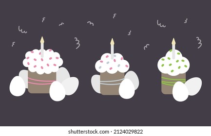 Vector easter set with illustrations with easter cakes, eggs and candle. 
