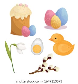 
vector easter set on a white background. Easter eggs, snowdrop, willow twig, chicken.