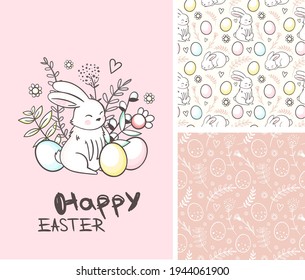 Vector Easter set of patterns and greeting card. Cute Easter bunny. Hand drawn lettering "Happy Easter". Eggs, floral elements, hare, spring flowers, willow branches. Cartoon line art illustration. 